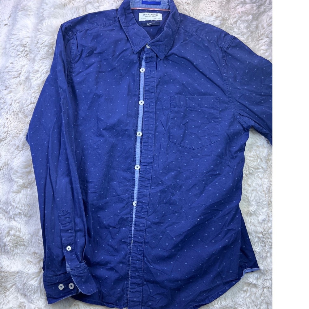 Denim & Flower Mens Slim Fit Navy Blue Micro Print Button Down Shirt Large. A36
